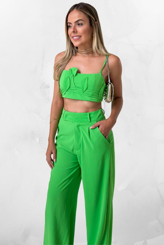 Conjunto de Calça e Cropped Flowers Verde Limão