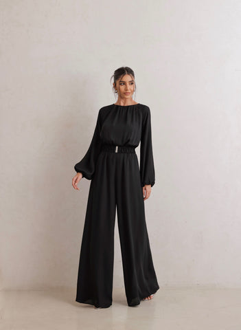 Macacão Pantalona Com Cinto Fivela Preto