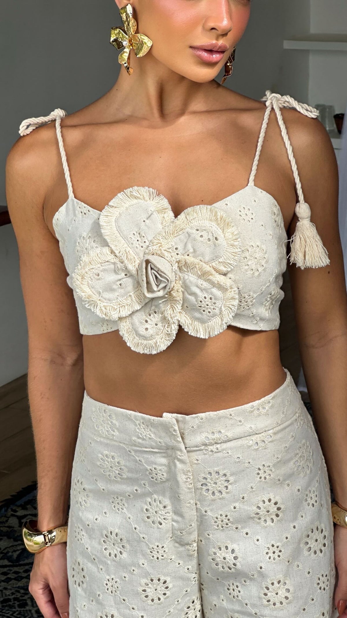 Conjunto Cropped e Calça Jasmim Creme