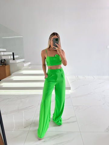 Conjunto de Calça e Cropped Flowers Verde Limão