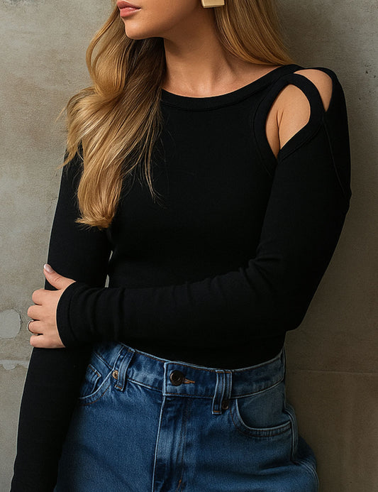 Blusa Manga Longa com Abertura nos Ombros Preto