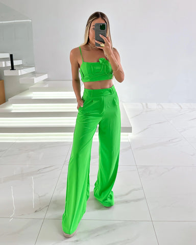 Conjunto de Calça e Cropped Flowers Verde Limão