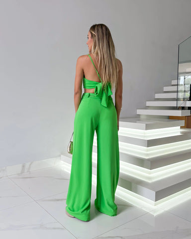 Conjunto de Calça e Cropped Flowers Verde Limão