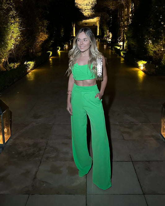 Conjunto de Calça e Cropped Flowers Verde Limão