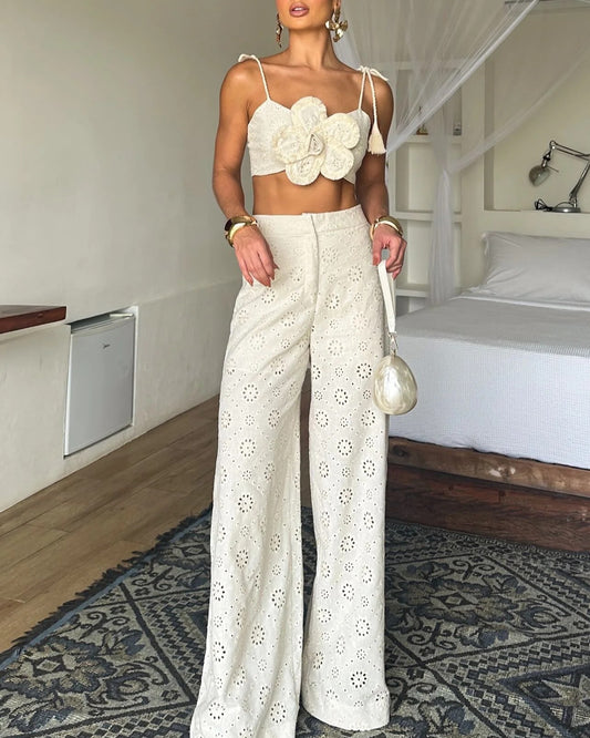 Conjunto Cropped e Calça Jasmim Creme