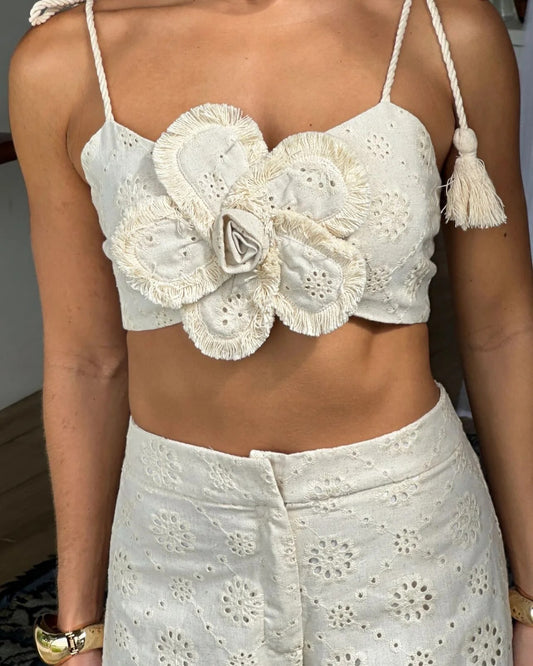 Conjunto Cropped e Calça Jasmim Creme