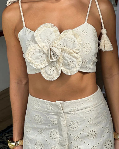 Conjunto Cropped e Calça Jasmim Creme