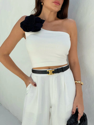 Cropped de Um Ombro Só com Flor Kate Off White