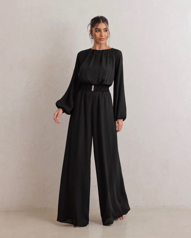 Macacão Pantalona Com Cinto Fivela Preto