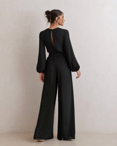 Macacão Pantalona Com Cinto Fivela Preto