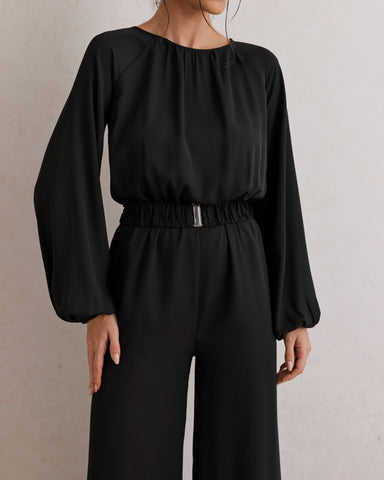 Macacão Pantalona Com Cinto Fivela Preto