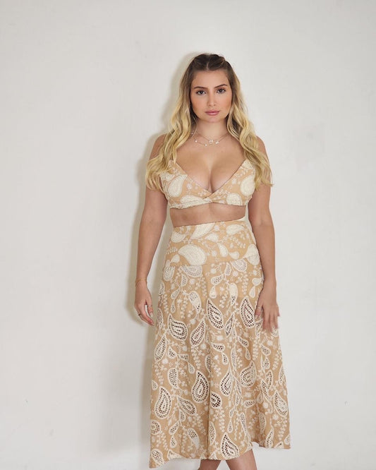 Conjunto Saia e Top Azis Bege