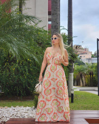 Vestido Longo Magnólia Laranja e Verde