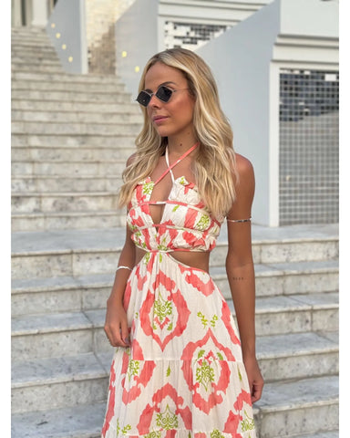 Vestido Longo Magnólia Laranja e Verde