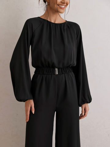 Macacão Pantalona Com Cinto Fivela Preto
