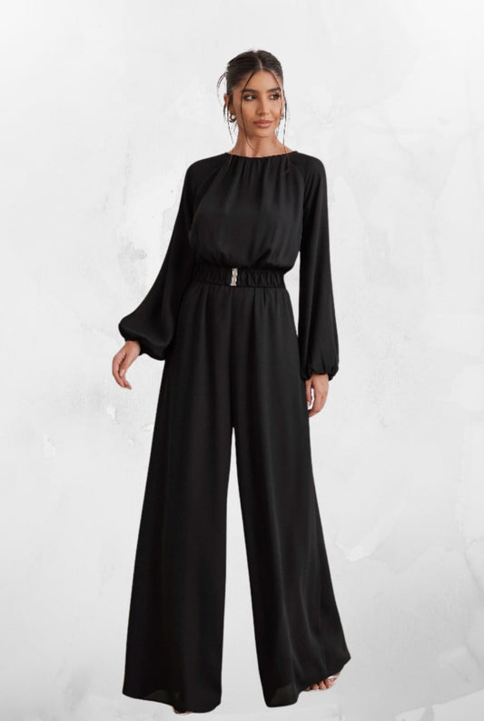 Macacão Pantalona Com Cinto Fivela Preto