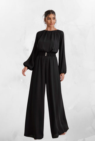Macacão Pantalona Com Cinto Fivela Preto